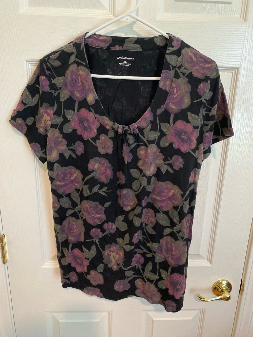 croft & barrow Black Floral Scoop Neck Top with Purple Accents